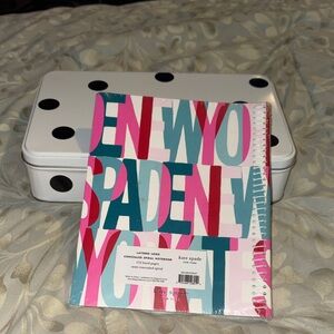 NWT Kate Spade Pink and Green Text Notebook and GUC Kate Spade Polka Dot Tin